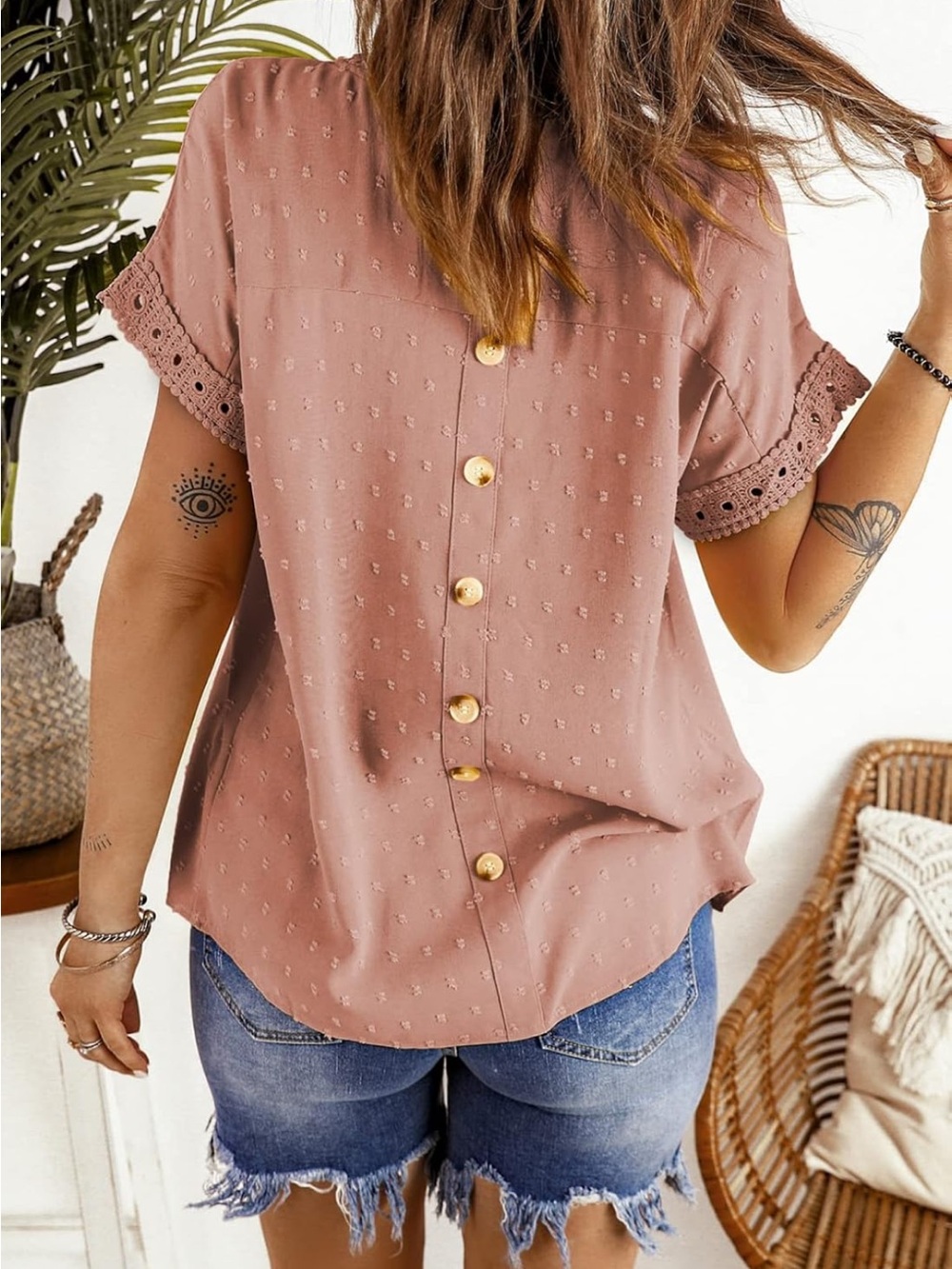 Dokotoo Rose Pink Eyelet Lace Short Sleeve Blouse - Picture 5 of 5